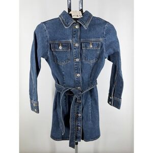 Zara The Doro Denim Dress Womens XS Blue Long Sleeve Button Front Belted Mini